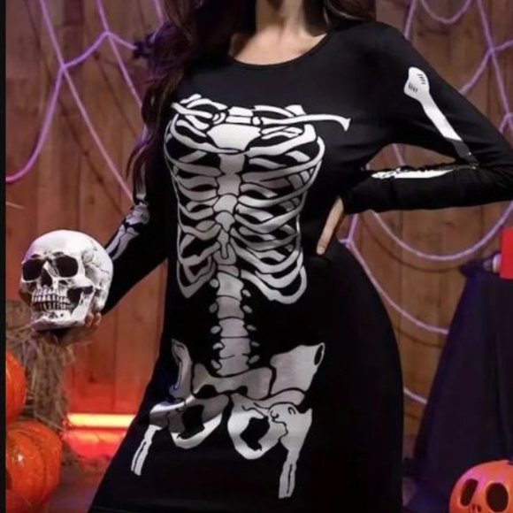 💙3/$60💙Halloween Skeleton Long Sleeve Dress Mini Fitted size 14 - Picture 5 of 7